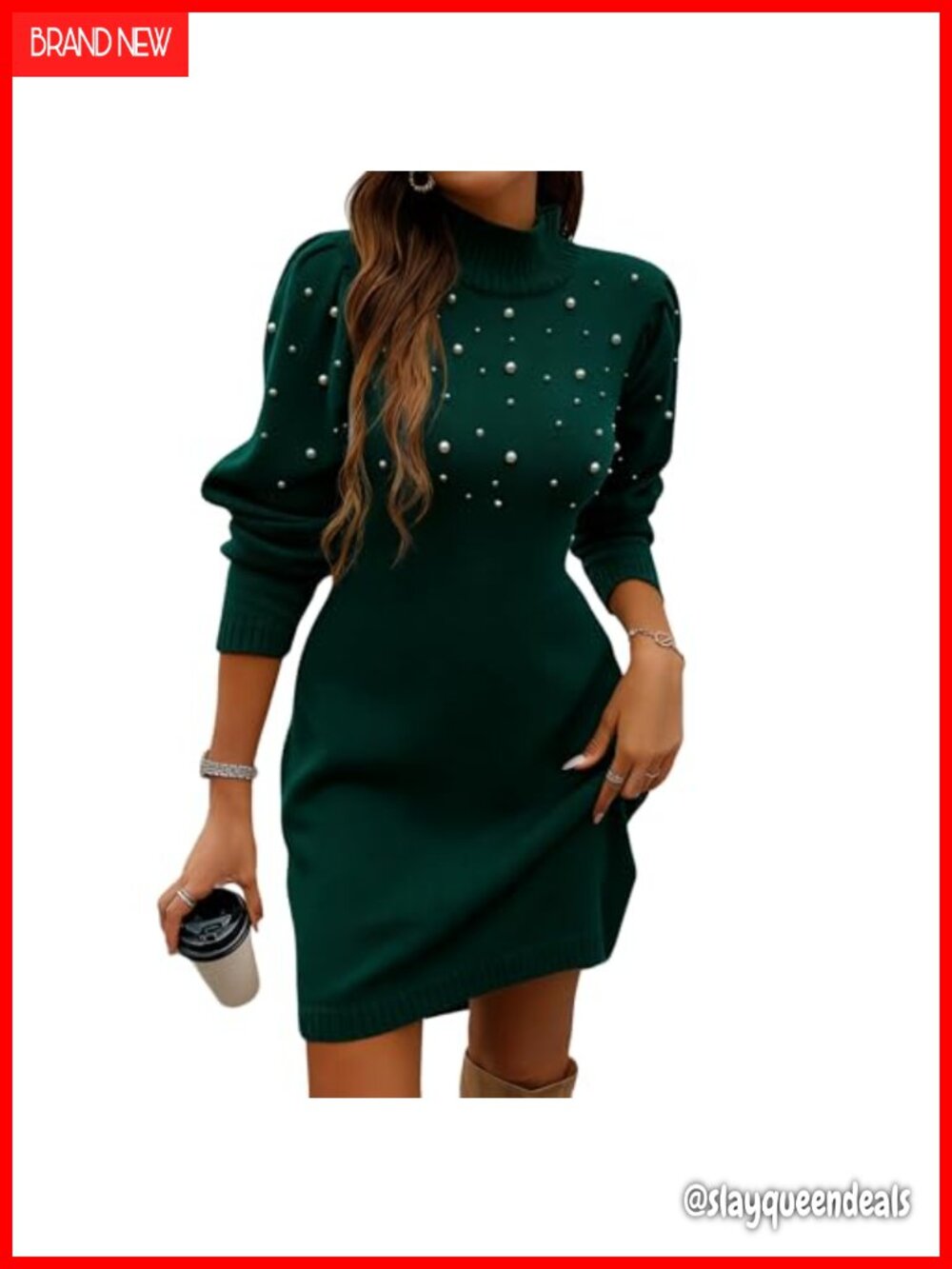 Turtle Neck Sweater Dress Long Puffy Sleeve Pearl Mini Wrap Work Dress